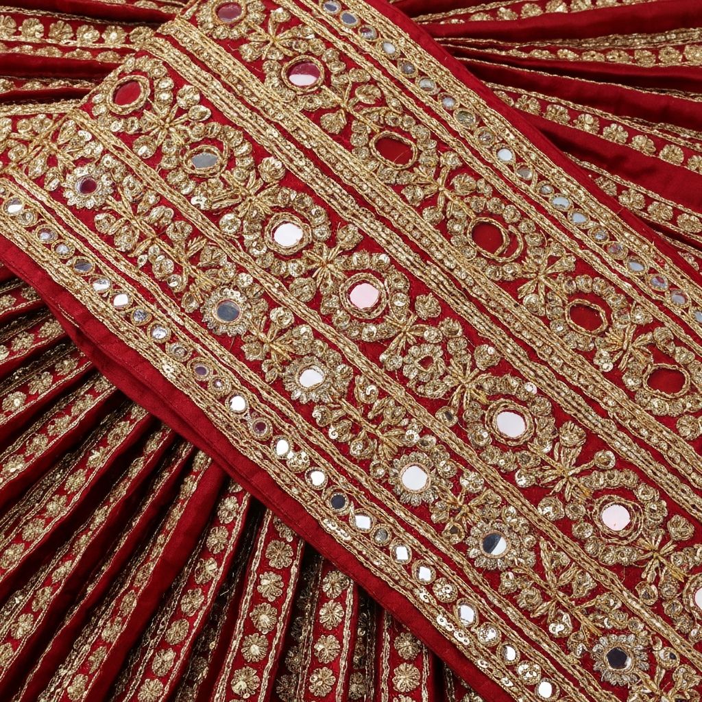 Close-up of traditional Indian dance costume fabric with gold zari embroidery on deep red silk