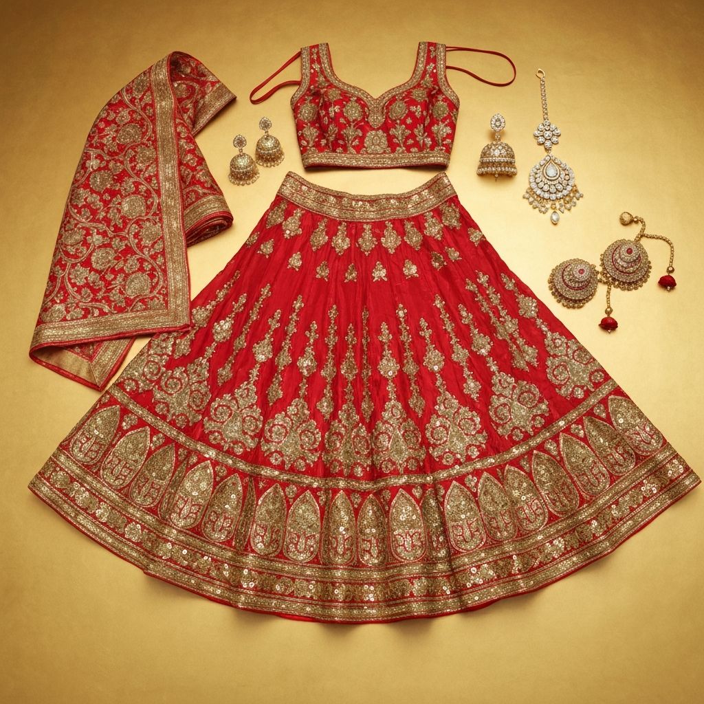 Flat-lay of traditional Indian dance accessories — necklaces, anklets, maang tikka and silk dupattas