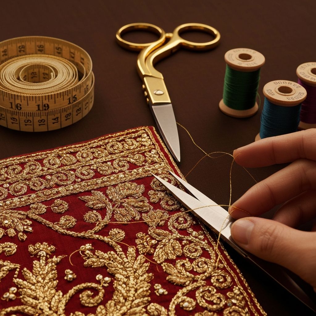 Fine tailoring tools and gold-threaded Indian costume fabric being hand-stitched