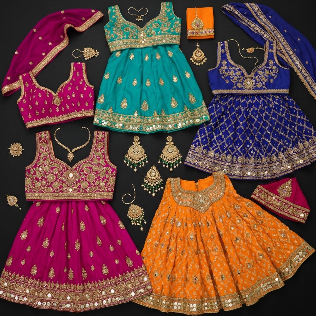 Vibrant Indian dance costumes — embroidered lehengas and jewel-toned fabrics